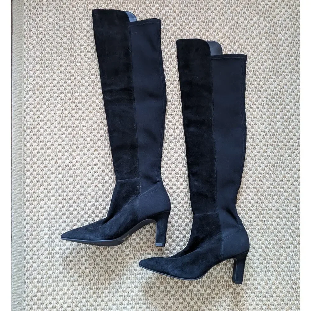 Stuart Weitzman Black Suede Stretch Over the Knee Boots Pointed Toe US 5 EU 35.5